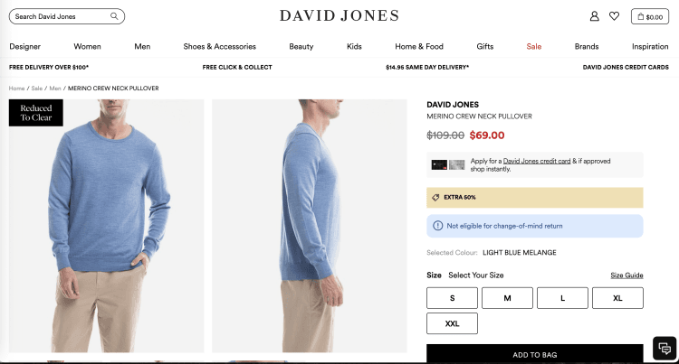 David Jones: Merino Crew Neck Pullover – Was $109.00, now $69.00